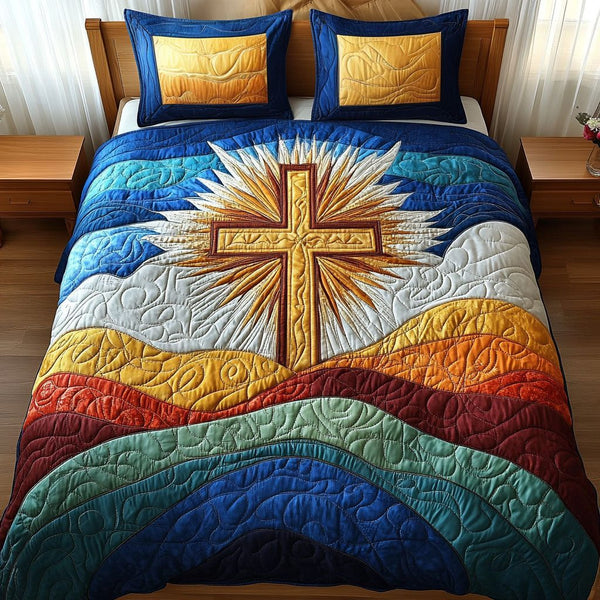 Radiant Glory quilted 3-piece bedding set on a made bed with two matching pillow shams