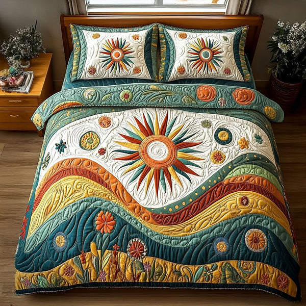 Radiant Groove quilted 3-piece bedding set on a made bed with two matching pillow shams
