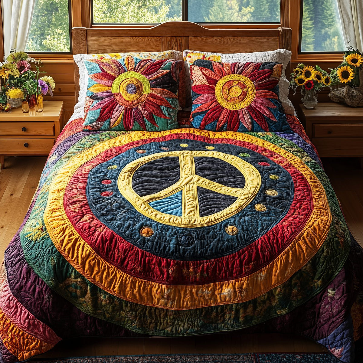 Radiant Harmony quilted 3-piece bedding set on a made bed with two matching pillow shams