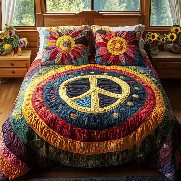 Radiant Harmony quilted 3-piece bedding set on a made bed with two matching pillow shams