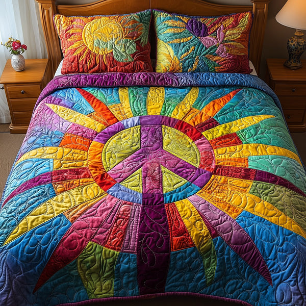 Radiant Harmony quilted 3-piece bedding set on a made bed with two matching pillow shams