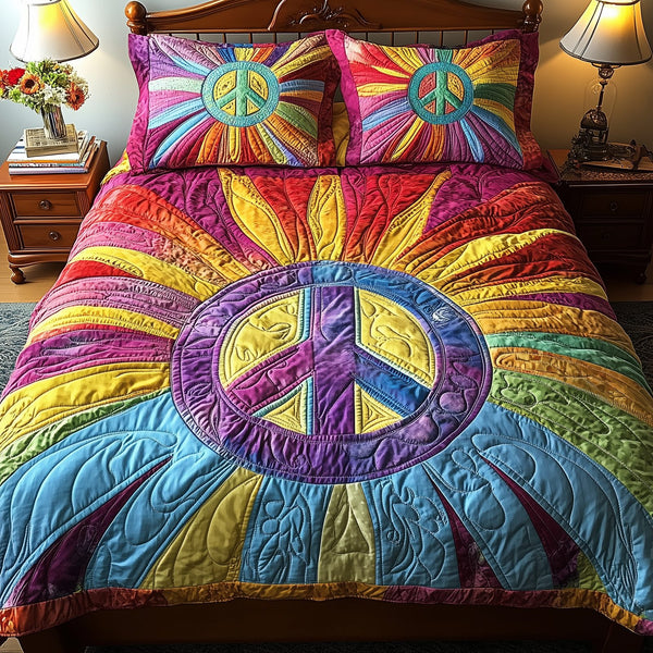 Radiant Harmony quilted 3-piece bedding set on a made bed with two matching pillow shams