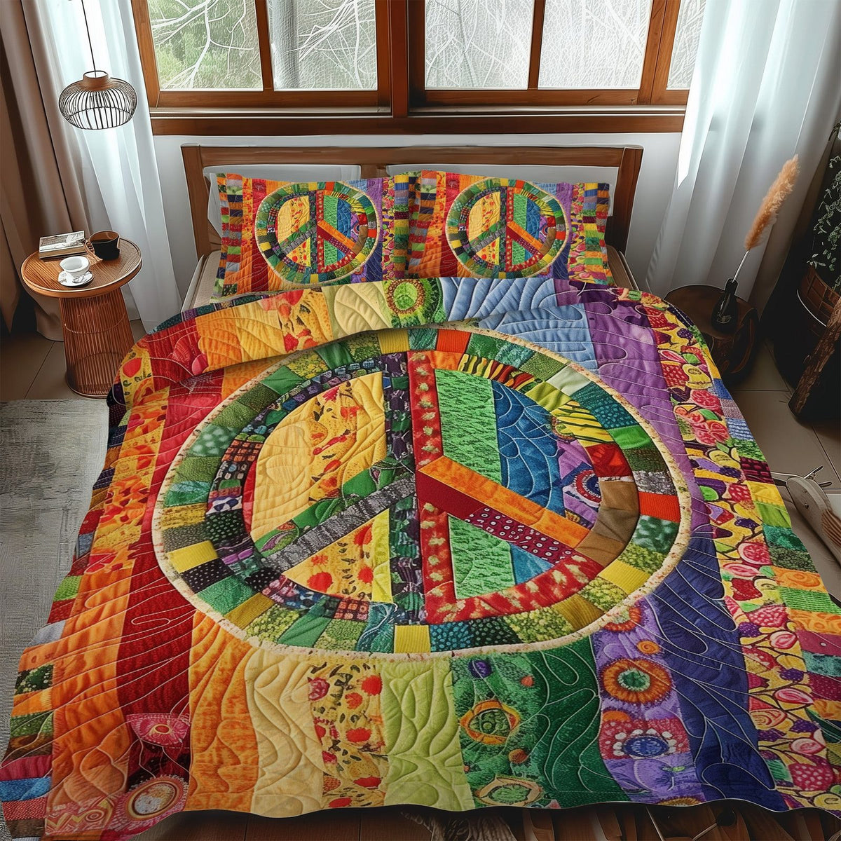 Radiant Harmony quilted 3-piece bedding set on a made bed with two matching pillow shams