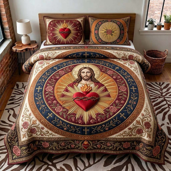 Radiant Heart Devotion quilted 3-piece bedding set on a made bed with two matching pillow shams