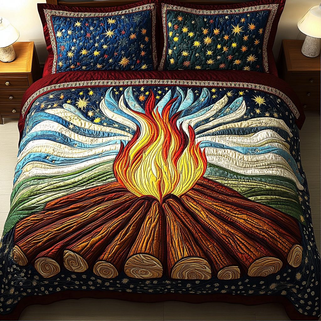 Radiant Heat quilted 3-piece bedding set on a made bed with two matching pillow shams
