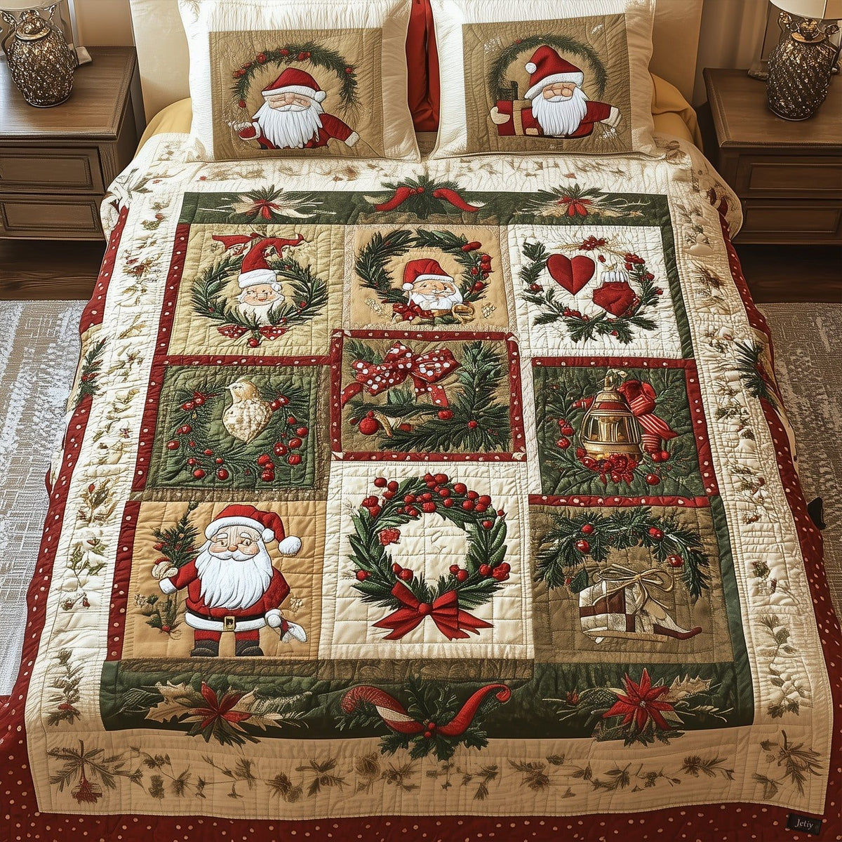 Radiant Holiday Grove quilted 3-piece bedding set on a made bed in a winter-styled bedroom
