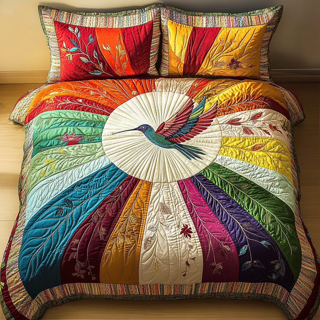 Radiant Hummingbird quilted 3-piece bedding set on a made bed with two matching pillow shams