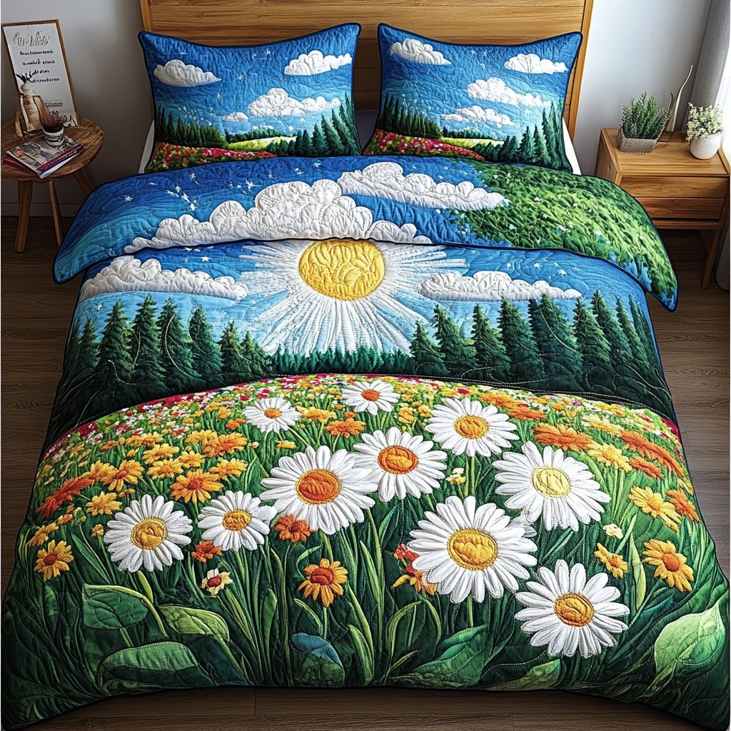 Radiant Journey quilted 3-piece bedding set on a made bed with two matching pillow shams