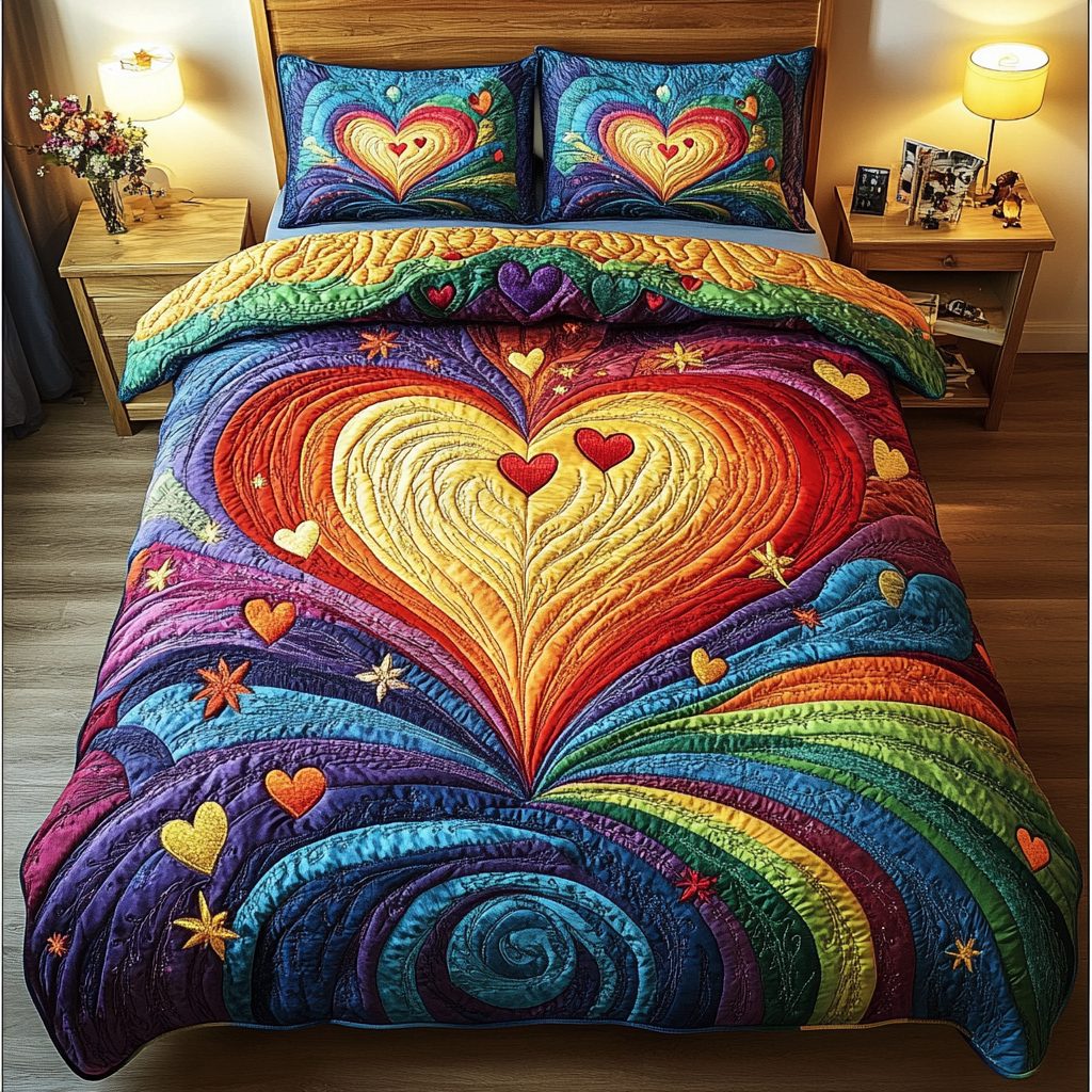 Radiant Love quilted 3-piece bedding set on a made bed with two matching pillow shams
