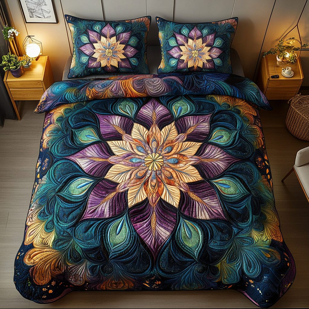 Radiant Mandala Blossom quilted 3-piece bedding set on a made bed with two matching pillow shams