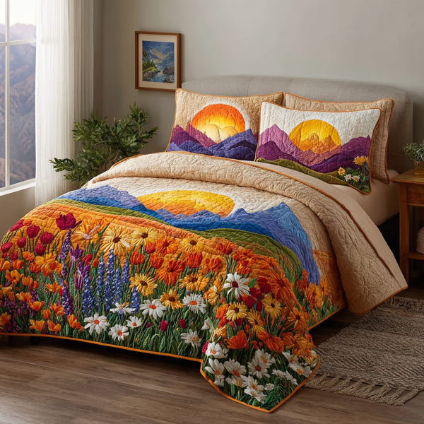 Radiant Meadow quilted 3-piece bedding set on a made bed with two matching pillow shams