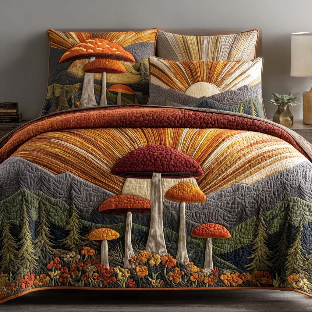 Radiant Meadow quilted 3-piece bedding set on a made bed with two matching pillow shams