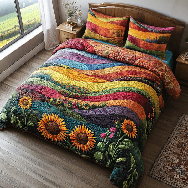 Radiant Meadows quilted 3-piece bedding set on a made bed with two matching pillow shams