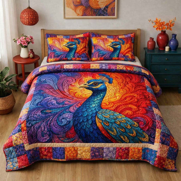 Radiant Mosaic Peacock quilted 3-piece bedding set on a made bed with two matching pillow shams