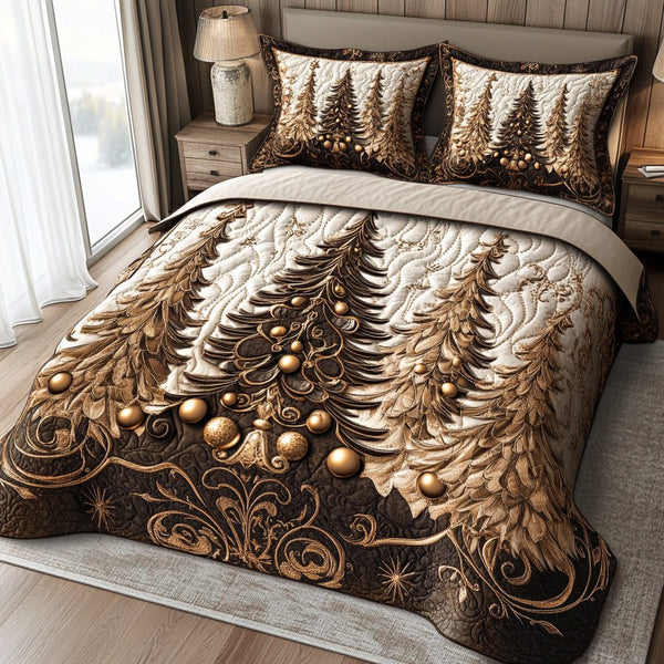 Radiant Noel quilted 3-piece bedding set on a made bed in a winter-styled bedroom