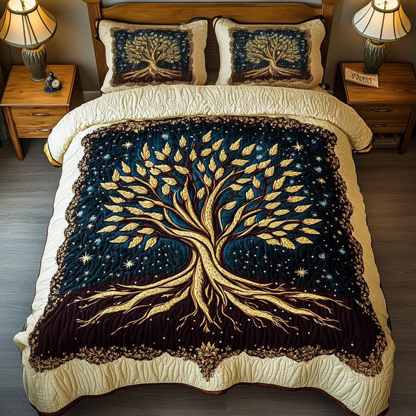 Radiant Oak quilted 3-piece bedding set on a made bed with two matching pillow shams