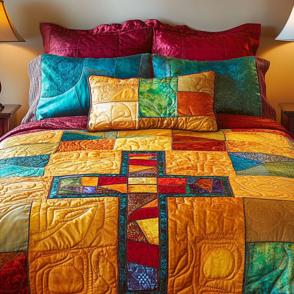 Radiant Patchwork Cross quilted 3-piece bedding set on a made bed in a softly lit bedroom