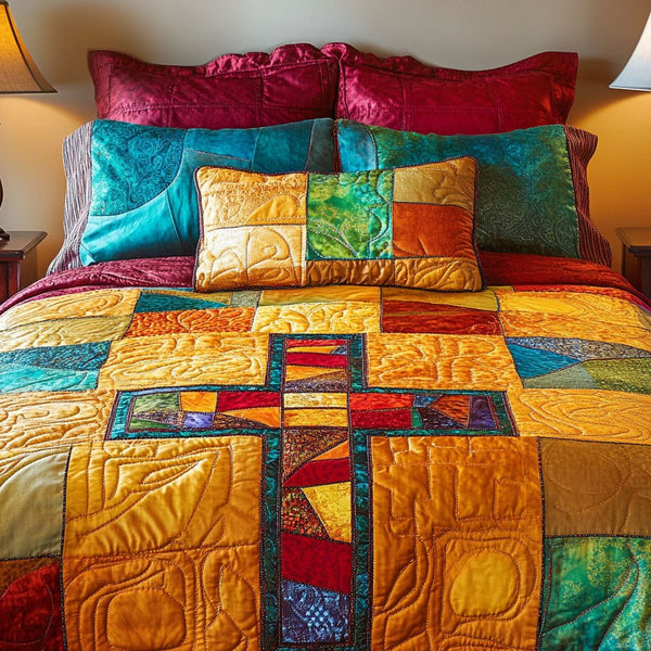 Radiant Patchwork Cross quilted 3-piece bedding set on a made bed in a softly lit bedroom