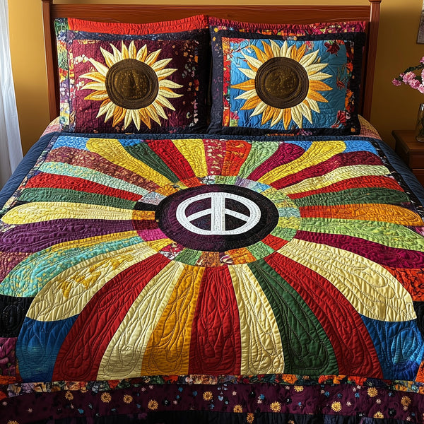 Radiant Peace quilted 3-piece bedding set on a made bed with two matching pillow shams