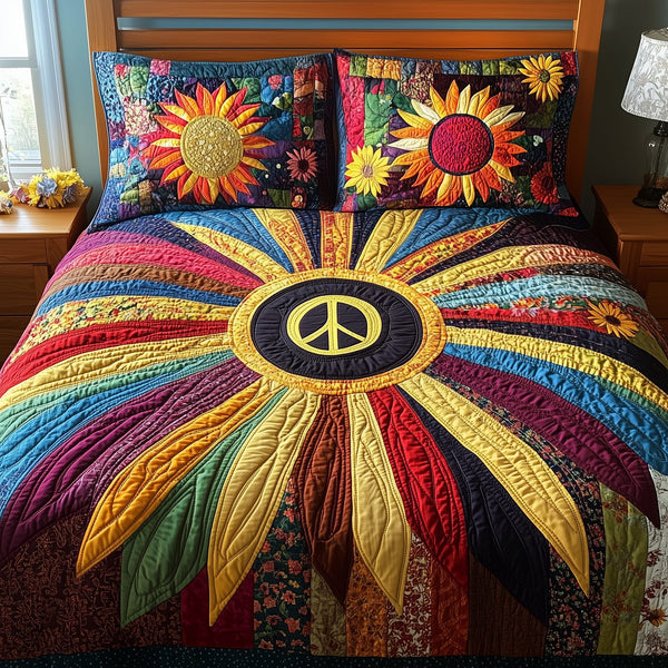 Radiant Peace quilted 3-piece bedding set on a made bed with two matching pillow shams