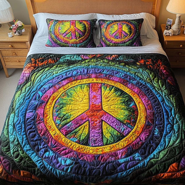 Radiant Peace quilted 3-piece bedding set on a made bed with two matching pillow shams