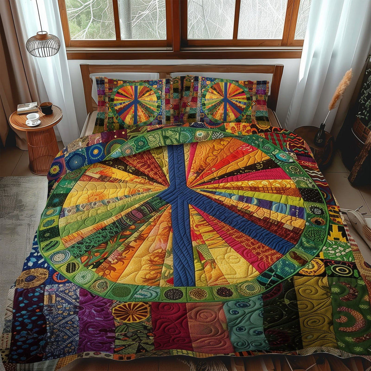 Radiant Peace quilted 3-piece bedding set on a made bed with two matching pillow shams