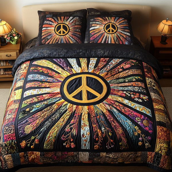 Radiant Peace quilted 3-piece bedding set on a made bed with two matching pillow shams