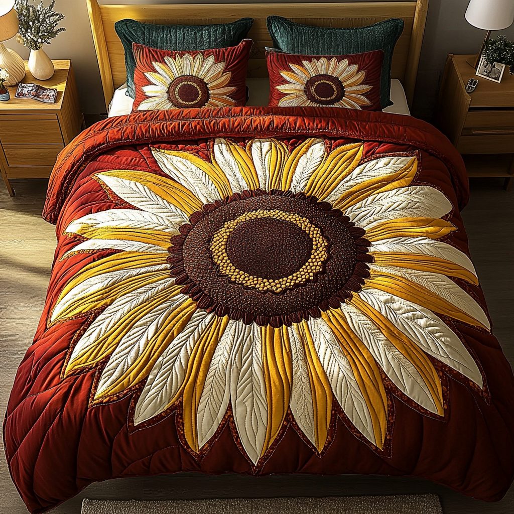 Radiant Petals quilted 3-piece bedding set on a made bed with two matching pillow shams