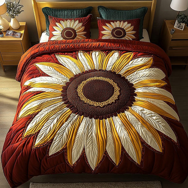 Radiant Petals quilted 3-piece bedding set on a made bed with two matching pillow shams