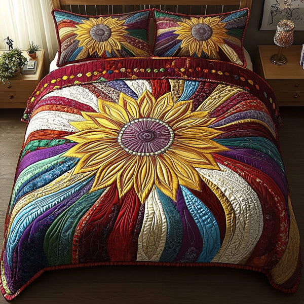 Radiant Petals quilted 3-piece bedding set on a made bed with two matching pillow shams