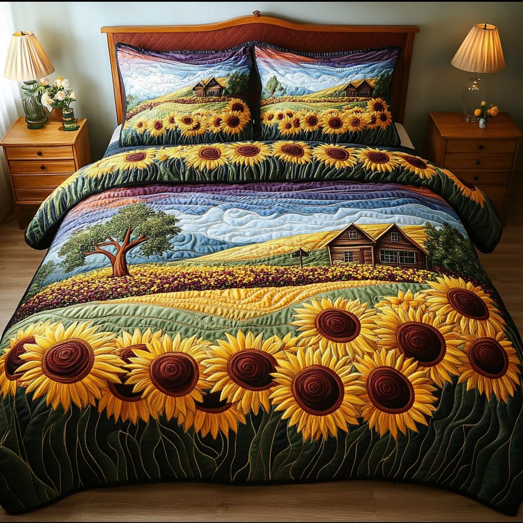 Radiant Petals quilted 3-piece bedding set on a made bed with two matching pillow shams