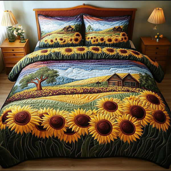 Radiant Petals quilted 3-piece bedding set on a made bed with two matching pillow shams