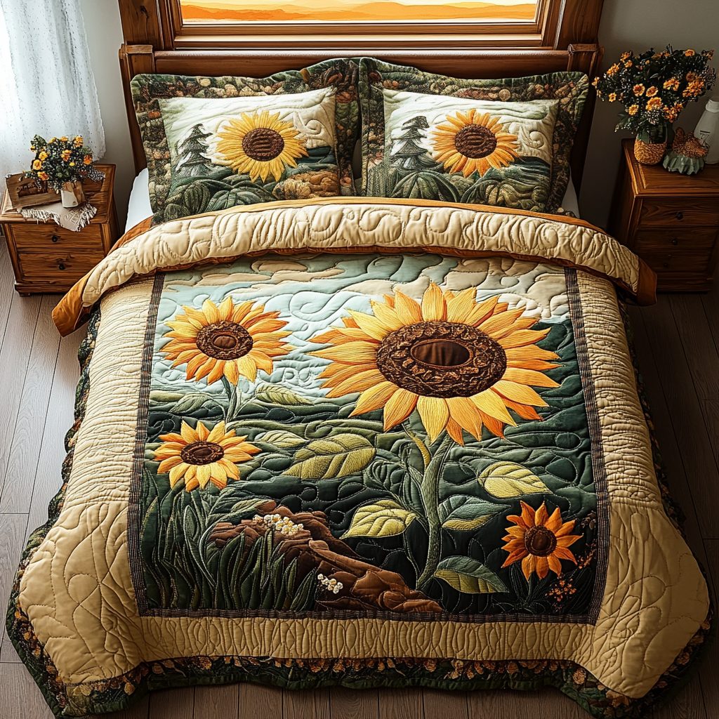 Radiant Petals quilted 3-piece bedding set on a made bed with two matching pillow shams