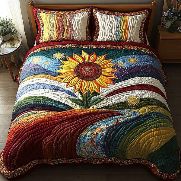 Radiant Petals quilted 3-piece bedding set on a made bed with two matching pillow shams