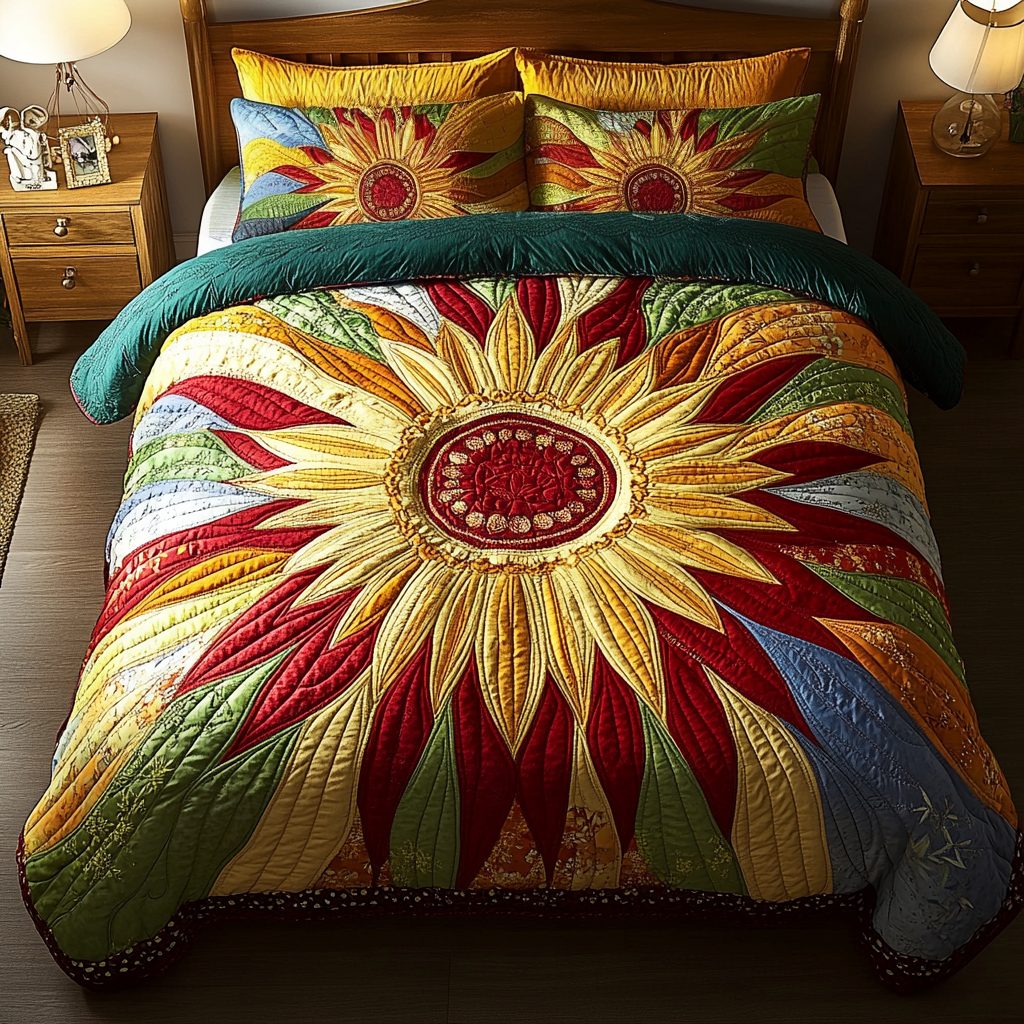 Radiant Petals quilted 3-piece bedding set on a made bed with two matching pillow shams