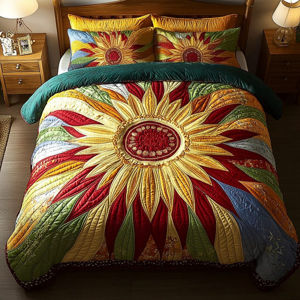 Radiant Petals quilted 3-piece bedding set on a made bed with two matching pillow shams