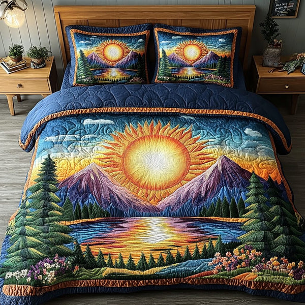 Radiant Pines quilted 3-piece bedding set on a made bed with two matching pillow shams