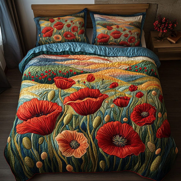 Radiant Poppies quilted 3-piece bedding set on a made bed with two matching pillow shams