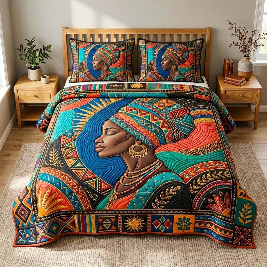 Radiant Queen Portrait quilted 3-piece bedding set on a made bed with two matching pillow shams