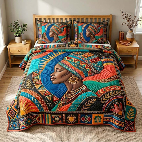 Radiant Queen Portrait quilted 3-piece bedding set on a made bed with two matching pillow shams