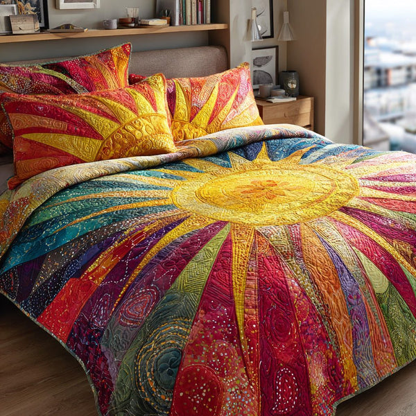 Radiant Rays quilted 3-piece bedding set on a made bed with two matching pillow shams