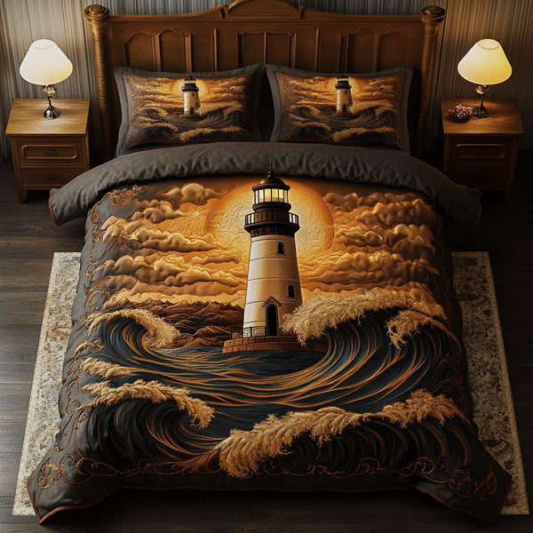Radiant Reef quilted 3-piece bedding set on a made bed in a light coastal bedroom