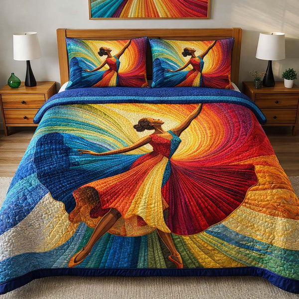 Radiant Rhythm Woman quilted 3-piece bedding set on a made bed with two matching pillow shams