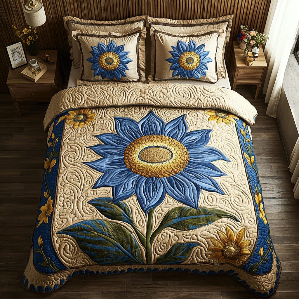 Radiant Rise quilted 3-piece bedding set on a made bed with two matching pillow shams