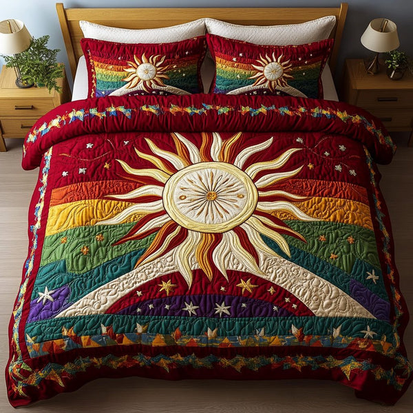 Radiant Rise quilted 3-piece bedding set on a made bed with two matching pillow shams
