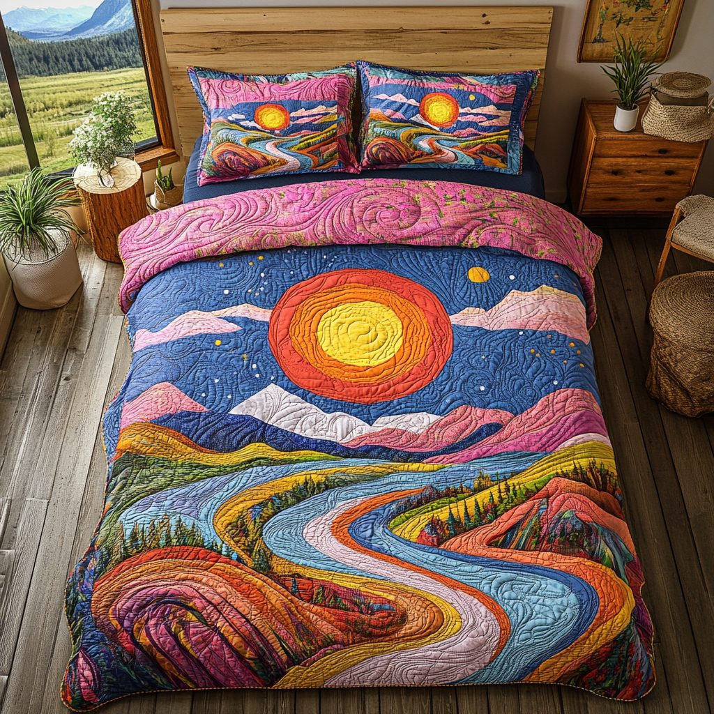 Radiant River quilted 3-piece bedding set on a made bed with two matching pillow shams