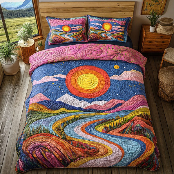 Radiant River quilted 3-piece bedding set on a made bed with two matching pillow shams