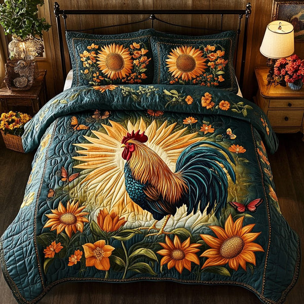 Radiant Rooster quilted 3-piece bedding set on a made bed with two matching pillow shams