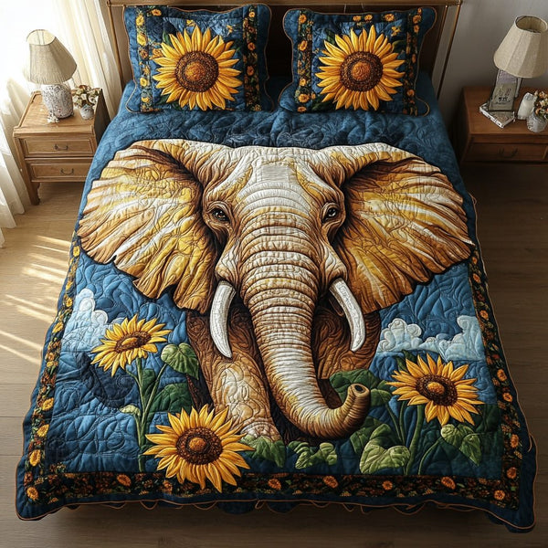 Radiant Safari Elephant quilted 3-piece bedding set on a made bed with two matching pillow shams