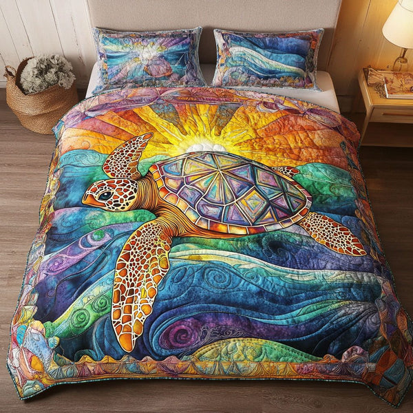 Radiant Sea Turtle quilted 3-piece bedding set on a made bed in a light coastal bedroom